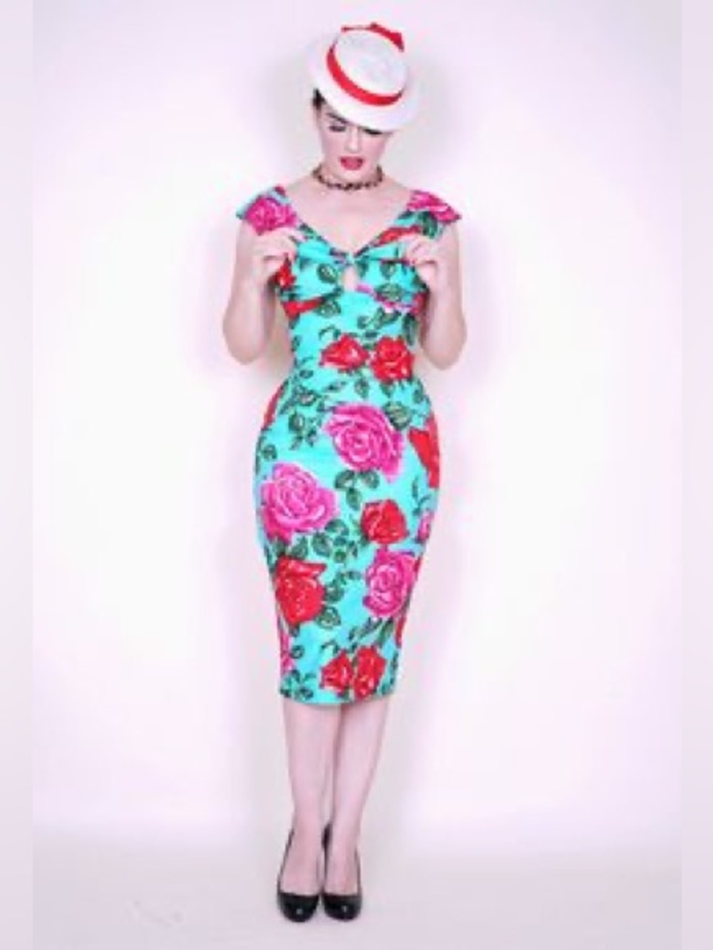 Bernie Dexter VTG Ruby Twist Vintage Pencil Dress Rose Floral Print Pinup Sz. 4X